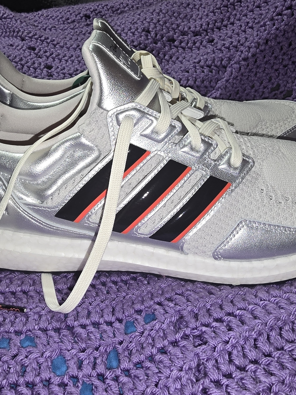 Adidas Disney Silver Metallic Running Sneakers Black & Red Stripes Ultraboost